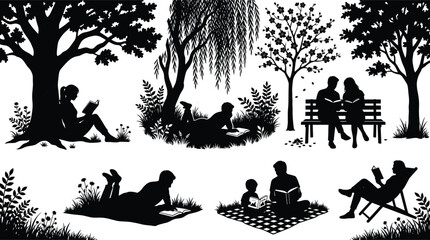People Reading in Nature Park Silhouette Collection with Trees Benches and Outdoor Leisure Vector Illustration Black and White