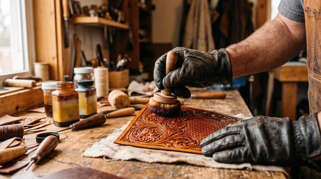 Craftsman Applying Leather Dye Dauber Sponge Tooled Design Workshop Photography