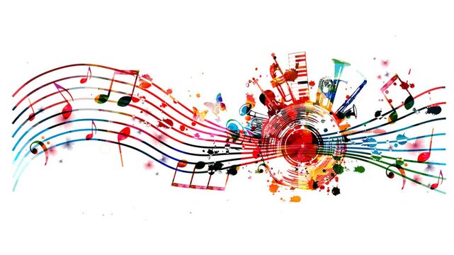 Animated colorful music instruments and vinyl record background, abstract music festival motion graphic