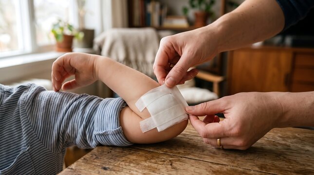 Caring Hands Apply First Aid Bandage to a Child's Injured Elbow, Demonstrating Gentle Child Care and Protection in a Domestic Setting After a Minor Accident
