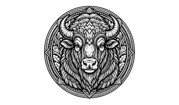 Bison Head Mandala Vector Illustration, Ornamental Buffalo Face with Ethnic Circle Pattern Tattoo Style Design