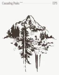 Cascading mountain peaks with waterfall and pine trees, hand drawn sketch illustration © TheMountBirdStudio