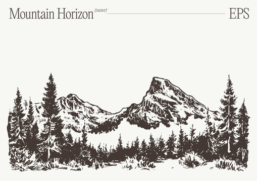 Mountain horizon with pine forest, hand drawn sketch illustration