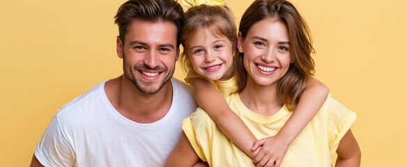 Obraz premium Joyful young family celebrating with parents lifting daughter against a vibrant pastel background.