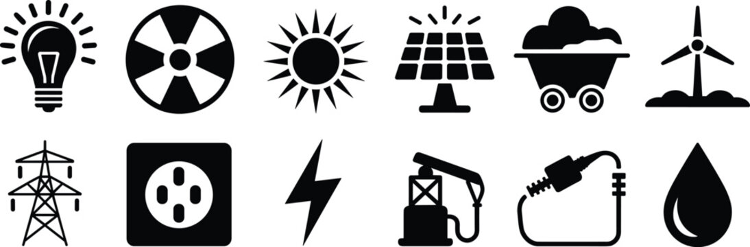 Black and white energy icons set showing renewable and traditional power sources, electricity symbols, solar, wind, nuclear, oil and gas in flat silhouette style