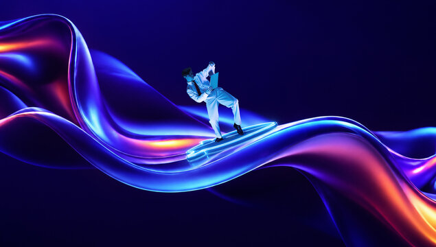 Businessman balancing laptop on glowing neon wave in digital space. Concept of digital transformation, agile business workflow, remote productivity, cloud platforms and fast online services.