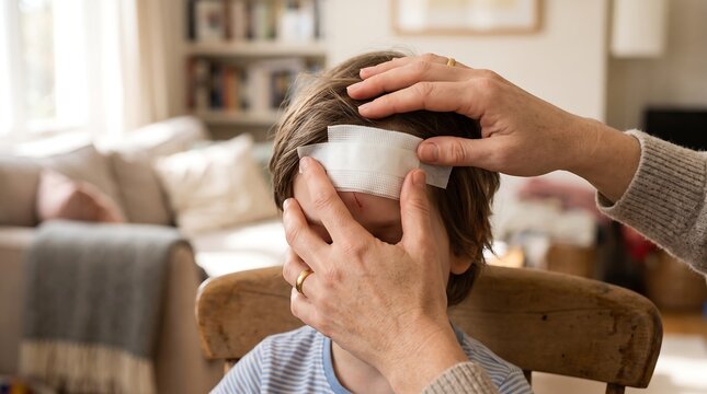 Caring adult applying white bandage to child's forehead injury at home indoors