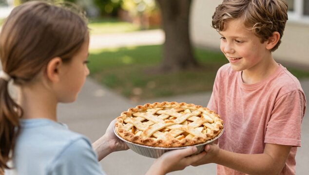 Young boy smiles as he receives a homemade apple pie from a girl outside