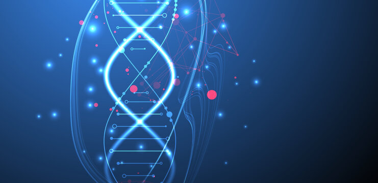 Futuristic biotechnology background with a glowing neon DNA. Vector