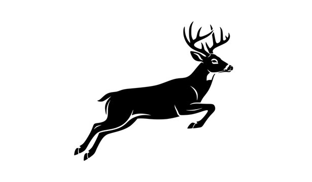 Jumping Deer Silhouette Vector Illustration, Black Buck with Antlers Leaping Isolated on White Background Clipart