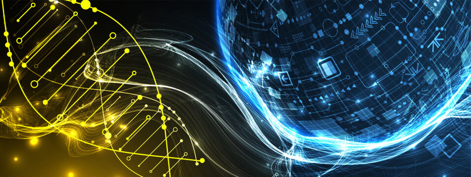 Abstract scientific background with glowing DNA double helix and futuristic bio sphere.