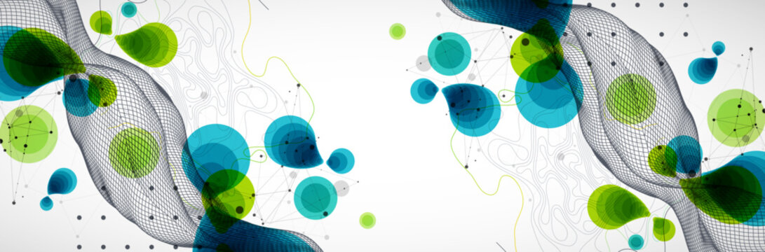 Abstract geometric background with green and blue circles and wireframe wave. Vector