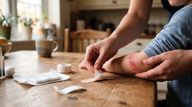 Mother applying adhesive bandage to child's scraped elbow at home