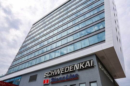 Kiel, Germany - 02. July 2026: Schwedenkai terminal building with Stena Line logo in Kiel Germany
