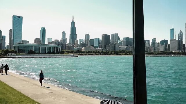 Chicago skyline panorama with lake michigan waterfront during sunny day featuring tourists.