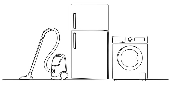 Continuous line drawing of a vacuum cleaner, a large refrigerator, and a front load washing machine as home appliances