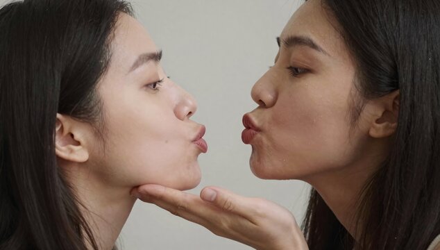 Woman with her reflection puckers her lips in a kiss in the mirror in close up