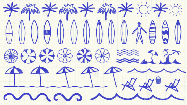 Beach themed doodles including surfboards palm trees and suns hand drawn in blue on graph paper beachcomber