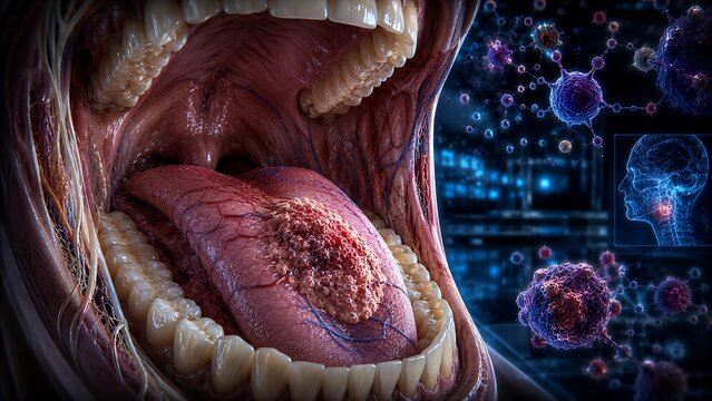 Oral Squamous Cell Carcinoma with Malignant Oral Tumor, Invasive Tongue Cancer and Progressive Oral Cavity Neoplasm, Medical Illustration