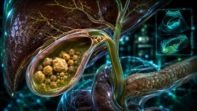 Gallstone Disease with Cholelithiasis, Gallbladder Stone Formation and Biliary Tract Obstruction, Medical Illustration