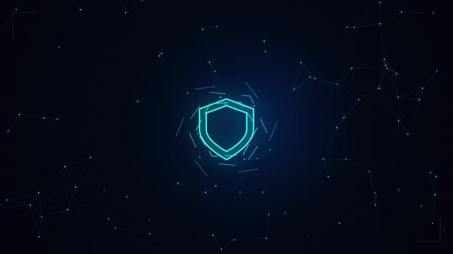 Digital shield emblem pulsing with light on a dark abstract network background, cybersecurity protection concept