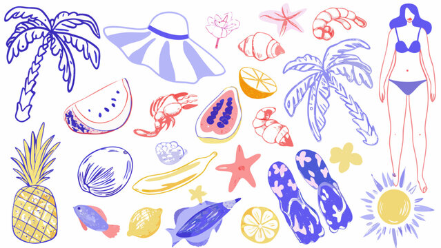Collection of tropical fruits seashells and beach accessories in a watercolor sketch style beachcombing bikini blue hues