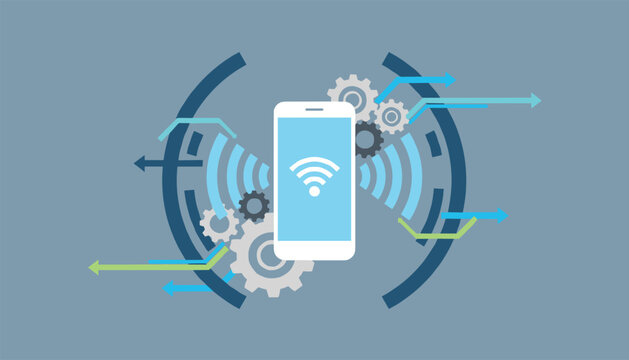Conceptual illustration of smartphone wireless connectivity with signal waves, mechanical gears, and speed arrows.