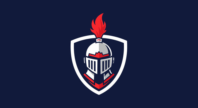 Medieval knight helmet mascot logo with red plume.