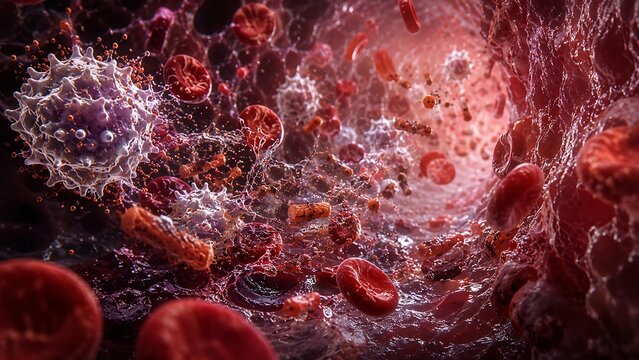 Sepsis with Systemic Bloodstream Infection, Dysregulated Immune Response and Life-Threatening Organ Dysfunction, Medical Illustration