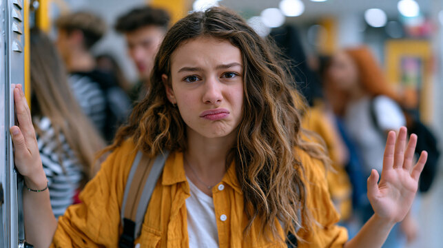 Teenage girl pressing palms flat against her school locker in a crowded hallway on the first day back, backpack straps digging into her shoulders, other students rushing past blurred, her jaw clench