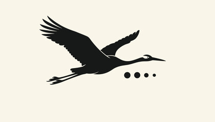 Fototapeta premium Majestic black silhouette of a crane bird soaring gracefully through the air on an off-white background.