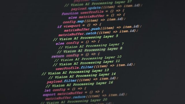 Scrolling computer code with colorful syntax highlighting on a dark background, representing programming and software development