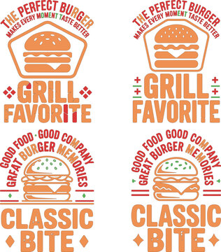 Burger grill favorite classic bite graphic design elements with text and illustrations of burgers on white background for food and restaurant concepts  no brands
