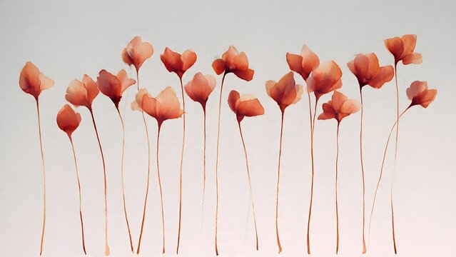 Delicate Orange Red Poppy Stems in a Row Against Pale Background