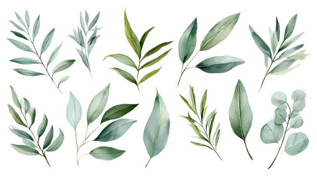 Green Leaves Fresh Botanical Sprigs Displayed in Watercolor Style