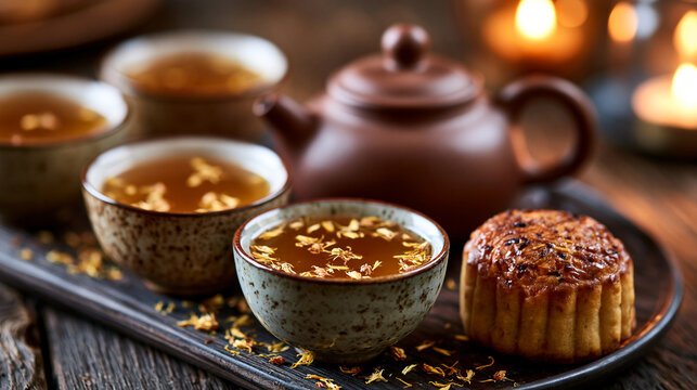Photorealistic close-up flat lay of a Mid-Autumn Festival tea ceremony setup on a dark wooden surface, a small clay teapot beside two ceramic cups of osmanthus tea, tiny golden osm