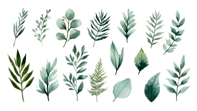Watercolor Green Leaves Collection Fresh Foliage