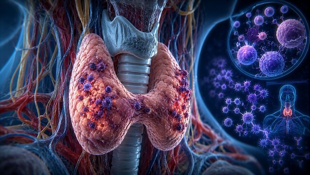 Hashimoto's Thyroiditis with Autoimmune Thyroid Inflammation, Lymphocytic Infiltration and Chronic Thyroid Gland Damage, Medical Illustration