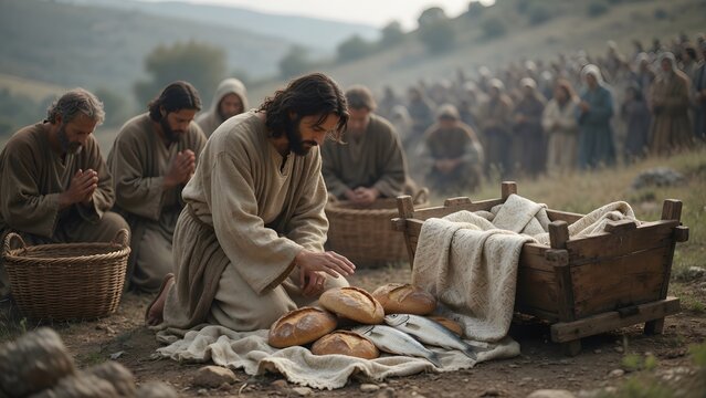 Jesus blessing five loaves and two fish beside a simple household cradle as a sign of fragile beginnings becoming provision