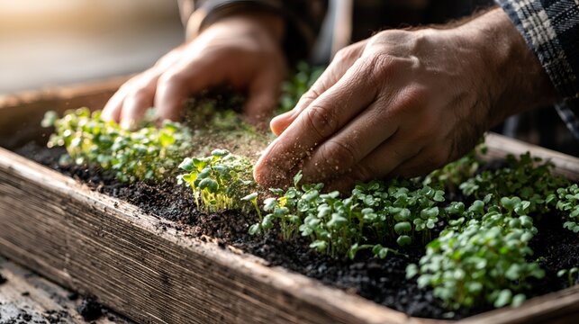 Hands caring for young organic microgreens seedlings in soil indoor