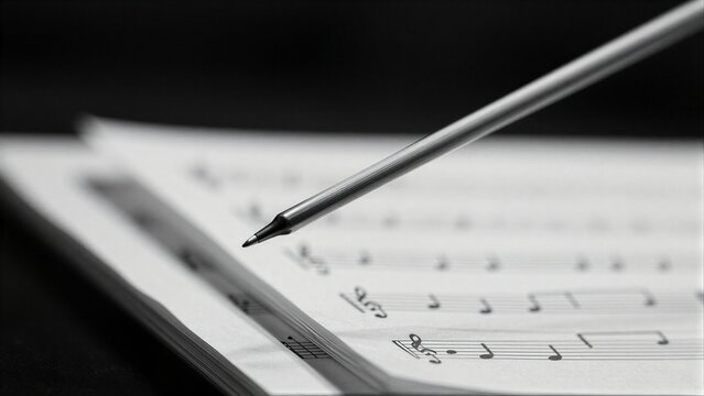 Pen hovers over sheet music, poised to compose melodies on blank pages.