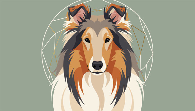 Beautiful vector portrait of a long-haired rough collie dog looking forward on a green background with geometric lines.