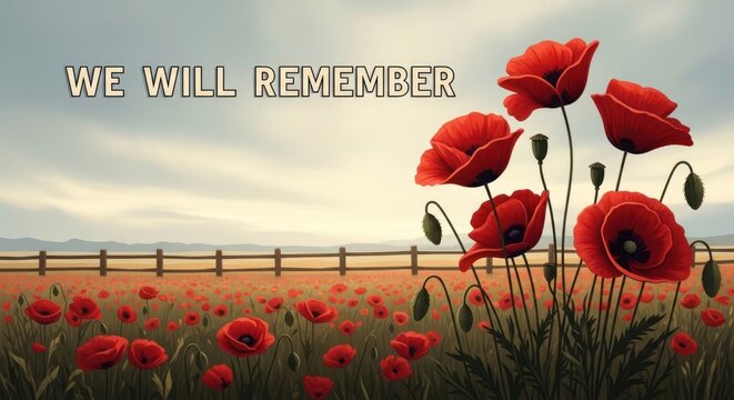 Red poppy flowers with 'We will remember' text in vector style