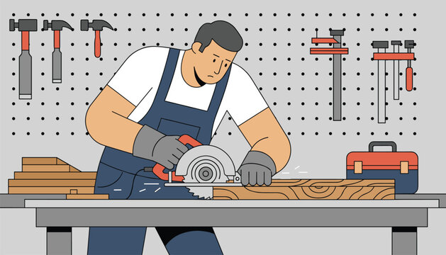 Professional carpenter cutting wood plank with a circular saw on a workbench in a workshop with tools on the pegboard behind.