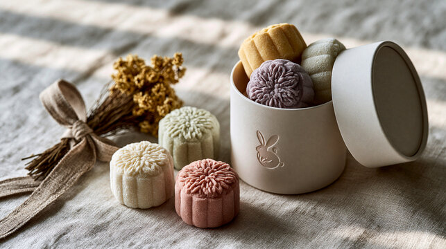 Photorealistic close-up flat lay of a modern minimalist Mid-Autumn Festival gift set on a pale linen surface, a matte white cylindrical box with a subtle embossed rabbit and moon d