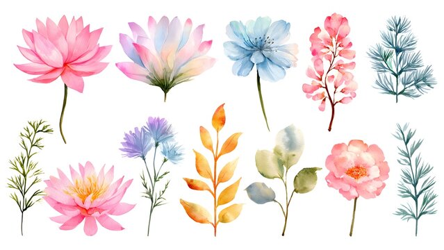 Colorful Watercolor Flowers Array in Soft Pastel Tones