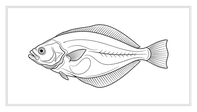 Detailed black and white line art illustration of a flatfish halibut flounder inside a thin double border.