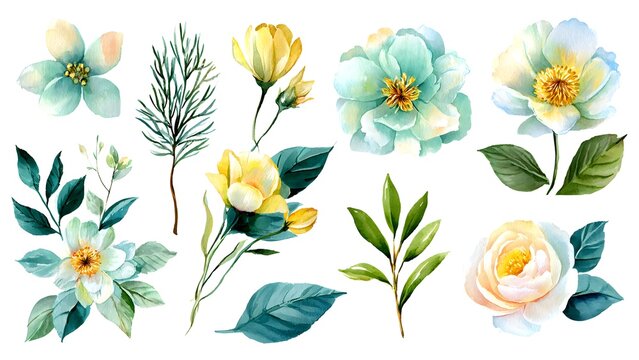 Delicate Watercolor Flower Arrangements with Soft Yellow and Blue Tones