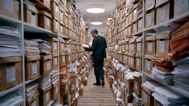 Government archive room filled with thousands of organized document boxes, permit applications, railway construction files, environmental reports and engineering paperwork, one emp
