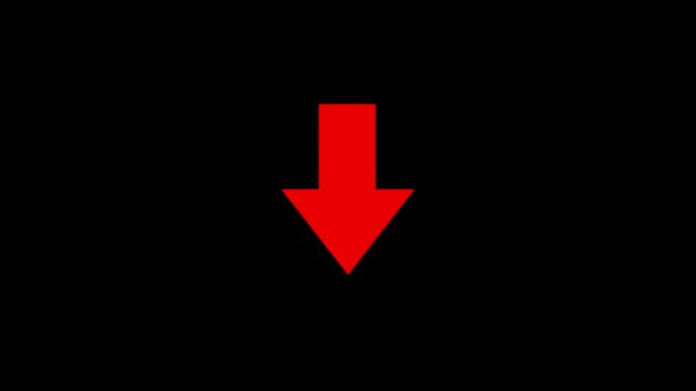Red glowing downward arrow animation on black background. Ideal for download buttons, navigation interfaces, technology presentations, digital dashboards, UI elements and motion graphics.